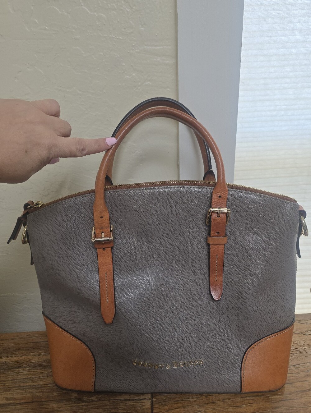 Dooney & Bourke Large Gray and Tan Leather Accent Tote Bag